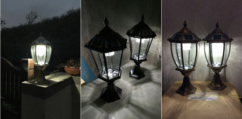 東莞91香蕉下载导航照明小區高檔圍牆太陽能柱頭燈亮燈效果照片