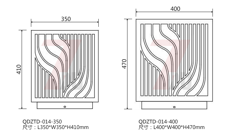 (QDZTD-014)古銅拉絲割花方形矮柱柱頭燈350mm、400mm大規格尺寸示意圖